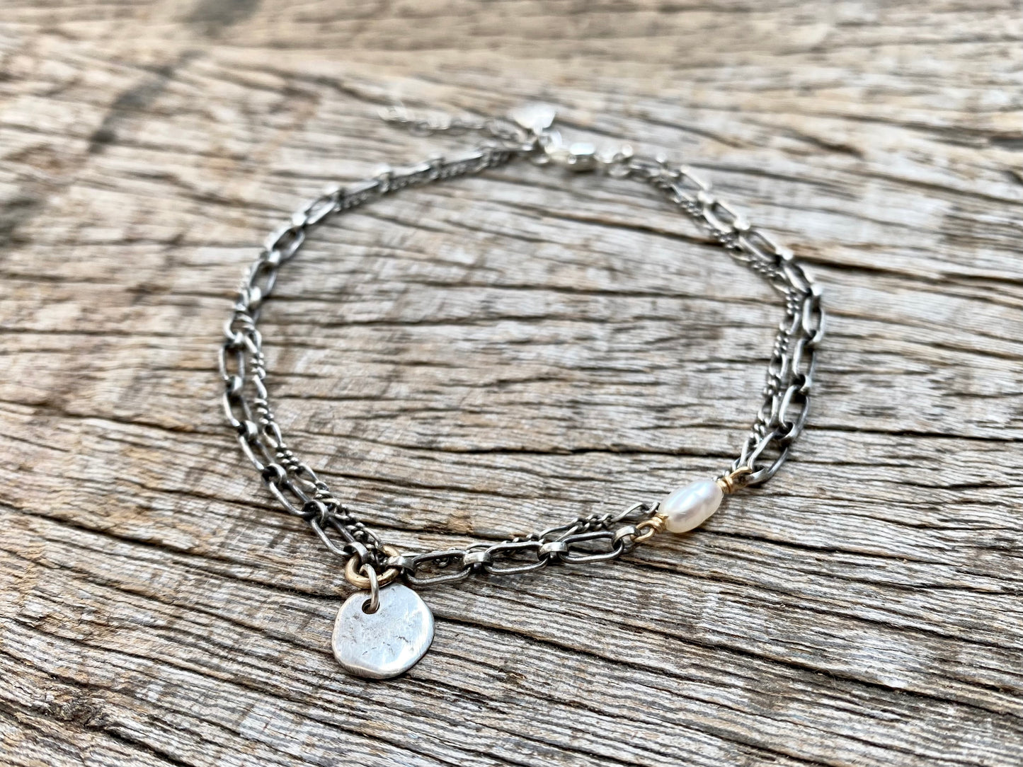 Double-chain Rock & Pearl Bracelet
