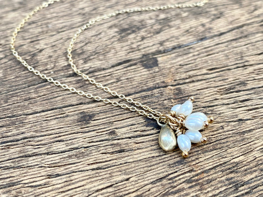 Gold Seed & Pearl Cluster Necklace